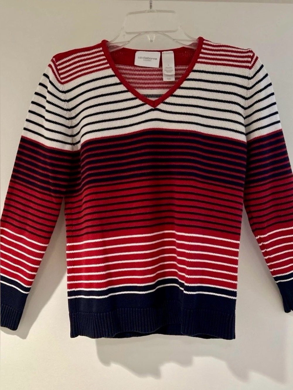 Liz Claiborne LIZSPORT Cotton Stripe Sweater Red White Blue V Neck Womens Small